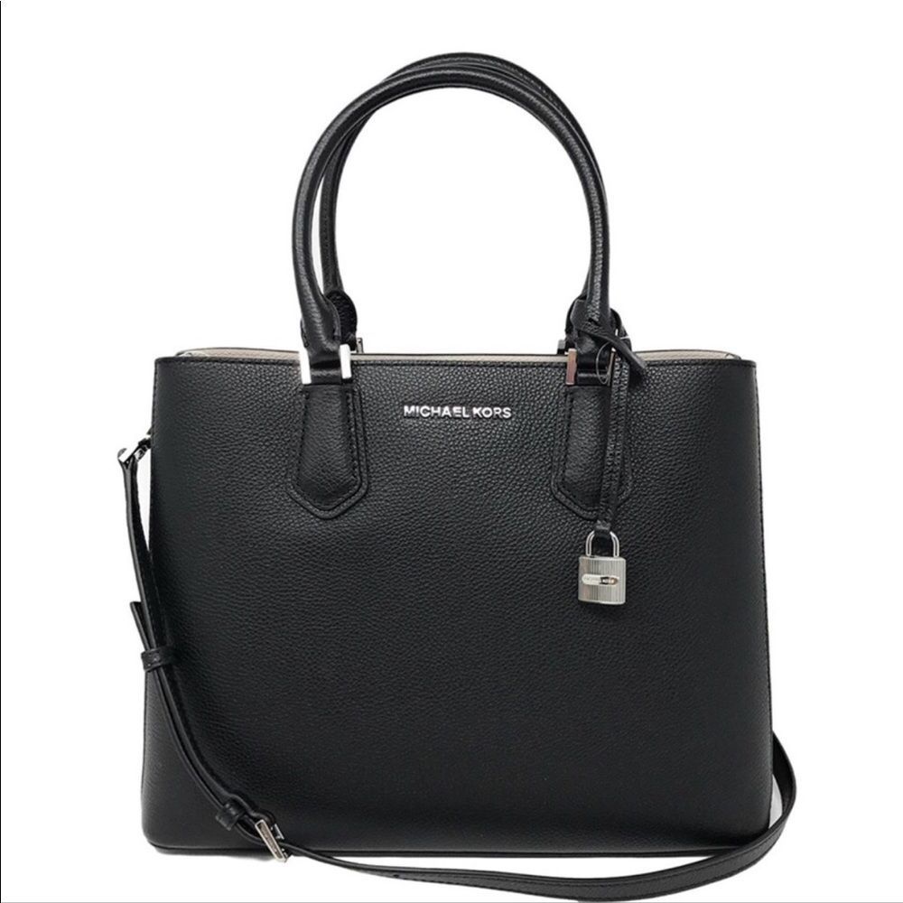Michael Kors • Adele Black Leather Satchel Bag • Silver Hardware • Authentic